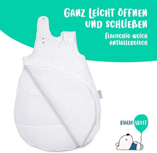 Babyschlafsack HONEY | mitwachsend & atmungsaktiv | ganzjahres Baby-Schlafsack | Stoffe ÖKO-TEX zertifiziert | vier verstellbaren Größen (Punkte-bunt, 50/56) Bild 2