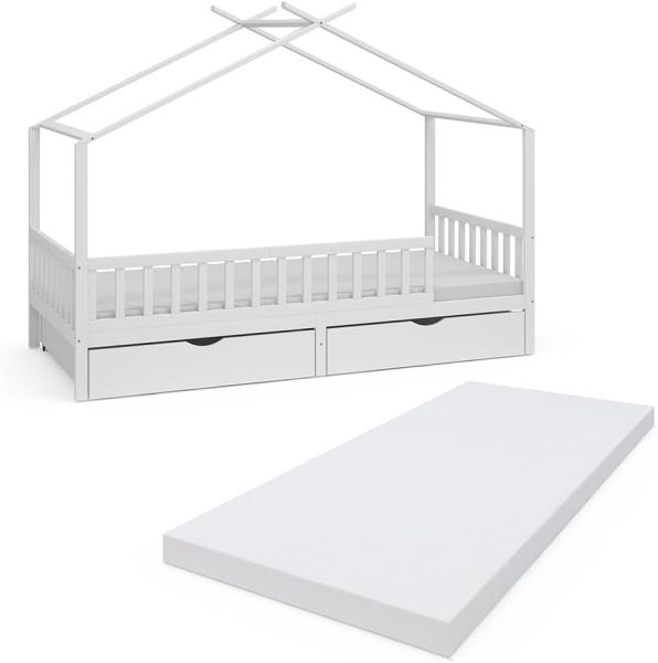 Vicco Kinderbett Bettenhaus Einzelbett Franka Weiß 200 x 90 cm Matratze modern Kinderzimmer Bett Bettschublade Lattenrost Rausfallschutz