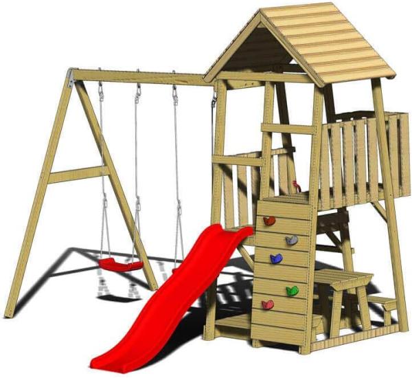 Wendi Toys Holz Spielturm Flamingo | mit Rutsche, Kletterwand, 2 Schaukeln & Picknicktisch | Natur | 280x340x270 cm