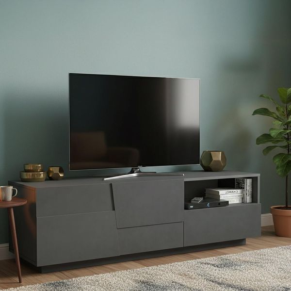 Dmora - TV-Ständer Velio, niedriges Wohnzimmer-Kommode mit 2 Türen und 1 Schublade, TV-Ständer-Basis, 150 x 44 x 46 cm, Anthrazit