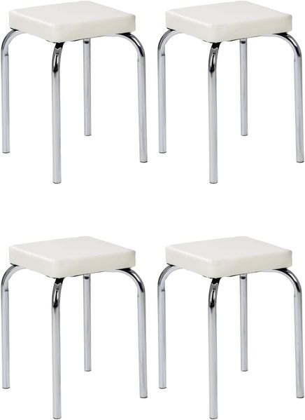 HAKU Sitzhocker Stapelhocker 4er Set PIK, B 36 x H 47 x T 36 cm, Metallgestell Chrom, Kunstleder Weiß, stapelbar