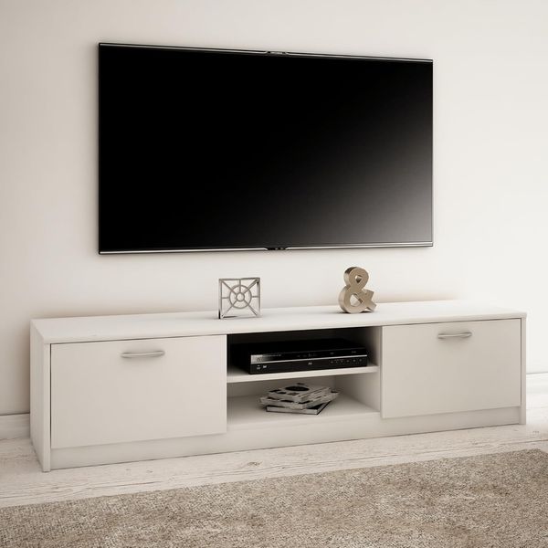 Home Collective TV-Schrank 160cm breit Lowboard mit matter Oberfläche Fernsehtisch (abgerundete Kante und Metall-Rollschienen Fernsehkommode) mit 2 Türen und 2 Regalen, aus laminiertem Board weiß