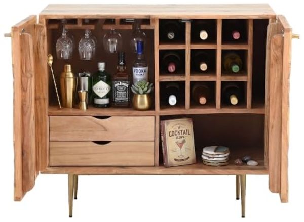 Barschrank Akazie Massivholz 90cm Natur mit Weinregal - Design Hausbar mit Glashalter - Weinschrank Holz mit Türen - Getränkeschrank Weinkommode Holz Bar Wohnzimmer Handmade