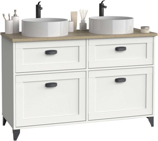 Muebles Pitarch | Doppelwaschtischmöbel, Breite 120 cm, mit Beinen, 2 Schubladen mit langsamer Schließung, 2 Türen, für Aufsatzwaschbecken, Weiß und Cambrian Eiche, Vintage-Stil, Modell Toscana