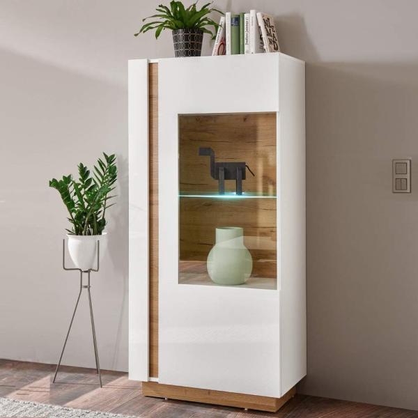 Vitrine LED-Highboard CELLE-61 in weiß Glanz mit Abs. Grandson-Oak Eiche Nb, B/H/T ca. 72/154/40 cm