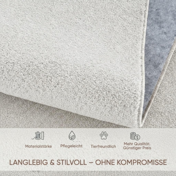 Fashion4Home Teppich Wohnzimmer – Einfarbig Teppich, Uni Teppich fürs Kinderzimmer, Schlafzimmer, Arbeitszimmer, Büro, Flur und Küche - Kurzflor Teppich Cream-Weiß, Größe: 200 cm Rund Bild 7