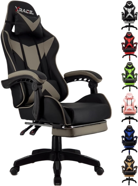 xRace Gaming-Stuhl Hoher Drehstuhl aus Leder mit Lendenwirbelstütze, Kopfstütze und Fußstütze, verstellbar, neigbar, Rennstil (Grau)