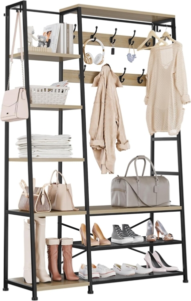 YITAHOME Garderobenständer, Großer Garderobe mit Bank, Industriegarderobe mit Schuhablage, Bodenstehende Kleiderstange mit 9 Haken und 5 Ablagen, Kleiderständer für Flur, Wohnzimmer, Eichenfarbe