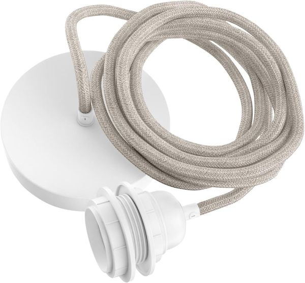 HOOPZI - Pendelleuchte - Hang 1 Flammig - 2,5m Textilkabel Seil - 1 X E27 Fassung - Vintage Retro natur mit weißer Fassung