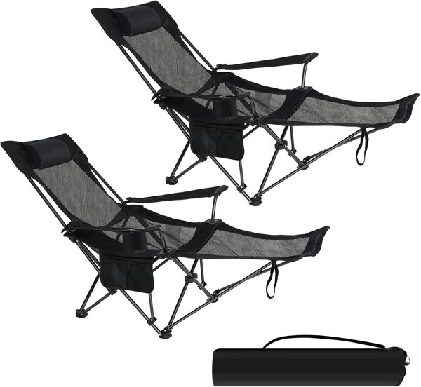eSituro Faltstuhl Klappstuhl Campingstuhl klappbar, 2er Set, bis 150 kg, Angelstuhl Anglersessel faltbar, Campingliege mit Getränkehalter & Tragetasche, Schwarz