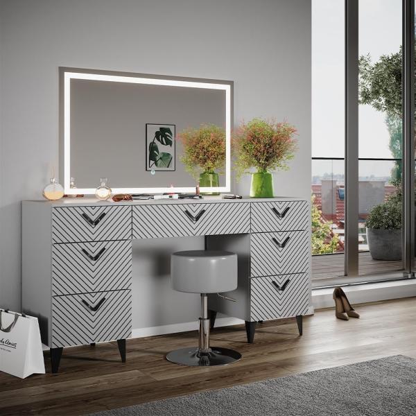 Schminktisch Anett Grau 150 cm mit LED Spiegel und Hocker Vicco