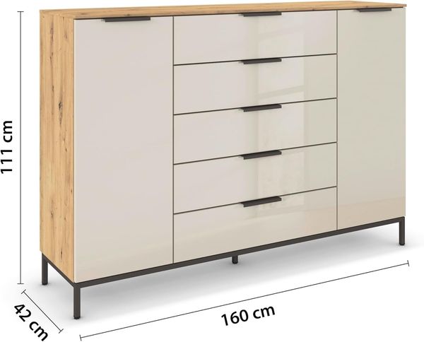 Rauch Möbel Flipp, Nachttisch für Schlafzimmer, Flur, Garderobe, 2-türig, 5 Schubladen, mit Softclose-Funktion, Griffe und Metallkufe Graphit, Farbe Eiche Artisan, Holz/Glas Beige, Breite 160 cm Bild 3