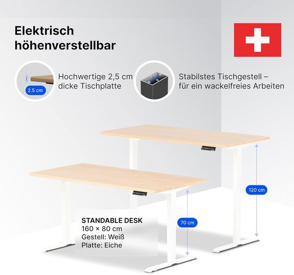 elektrisch höhenverstellbarer Schreibtisch DESK 160 x 80 cm - Gestell Weiss, Platte Eiche Bild 4