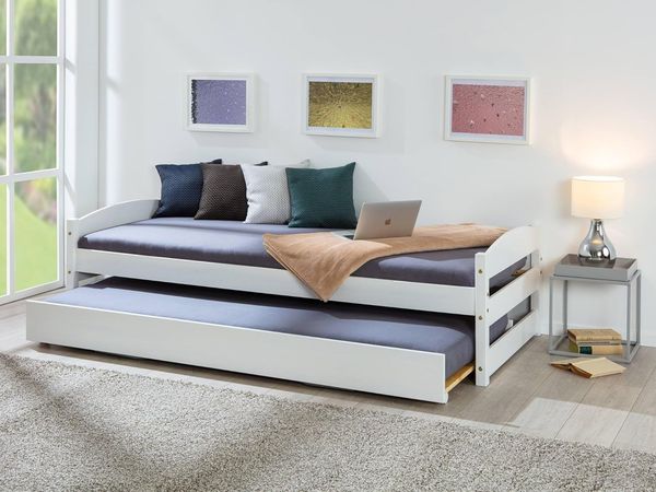 Dmora Einzelbett mit zweitem Hubbett, Kiefer massiv weiß, cm 209 x 97 x 62