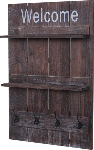 Wandgarderobe HWC-C89 Welcome, Garderobenpaneel Garderobe, Shabby-Look Vintage, 4 Haken 90x60 cm ~ braun, shabby Bild 2