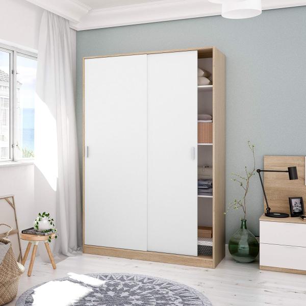 Dmora - Garderobe Waterbury, Schlafzimmer Kleiderschrank mit 2 Schiebetüren, Schrank mit 3 Einlegeböden und Kleiderstange, cm 120x50h200, Eiche und Weiß