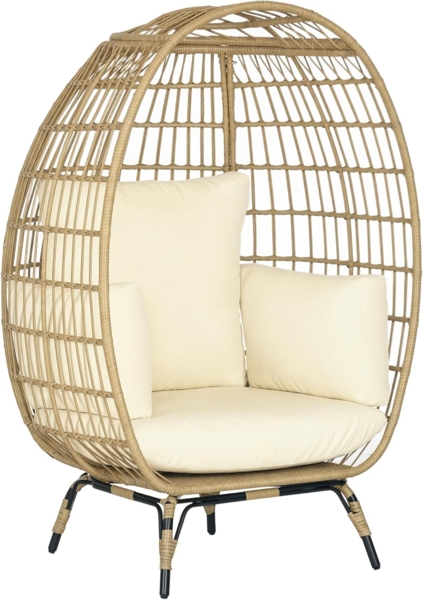 Outsunny Rattanstuhl Rattanstuhl mit Sitzkissen (Rattansessel, 1 St), Metall, Khaki, 105 x 90 x 148 cm