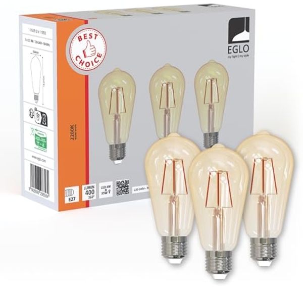 EGLO Set aus 3 E27 Filament LED Lampen, Edison Vintage Glühbirne amber, 4 Watt (entspricht 40 Watt), Leuchtmittel warmweiß, 2200 K, Retro Glühlampe ST64, Ø 6,4 cm