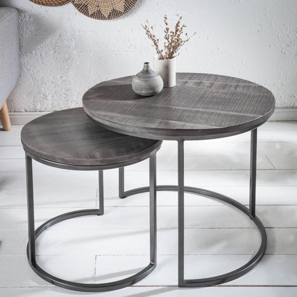 riess-ambiente Beistelltisch ELEMENTS Ø60cm grau / schwarz (Set, 2-St), Mango-Massivholz · Metall-Gestell · rund · Industrial Design