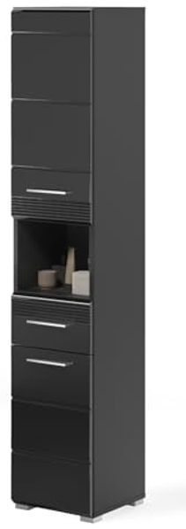 Badezimmer Hochschrank Leon in schwarz Hochglanz 30 x 182 cm