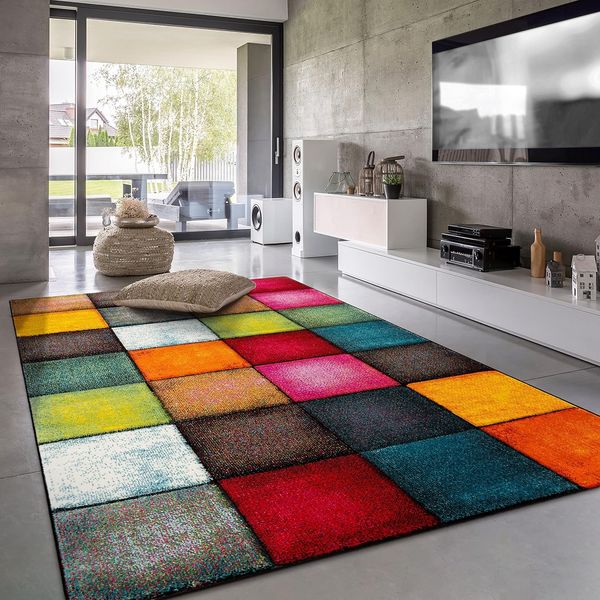 Paco Home Teppich Wohnzimmer Kinderzimmer Bunt Kurzflor Moderne 3D Optik Kariert Geometrische Muster, Grösse:80x300 cm, Farbe:Bunt 2