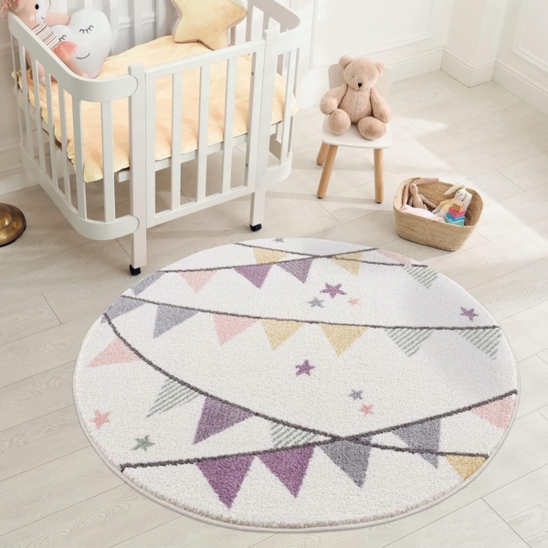 carpet city Kinderteppich Kinderzimmer Creme Lila - 120 cm Rund - Wimpel-Motiv - Kinderzimmerteppiche Mädchen - Babyzimmer-Teppich - Spielteppich Bild 2