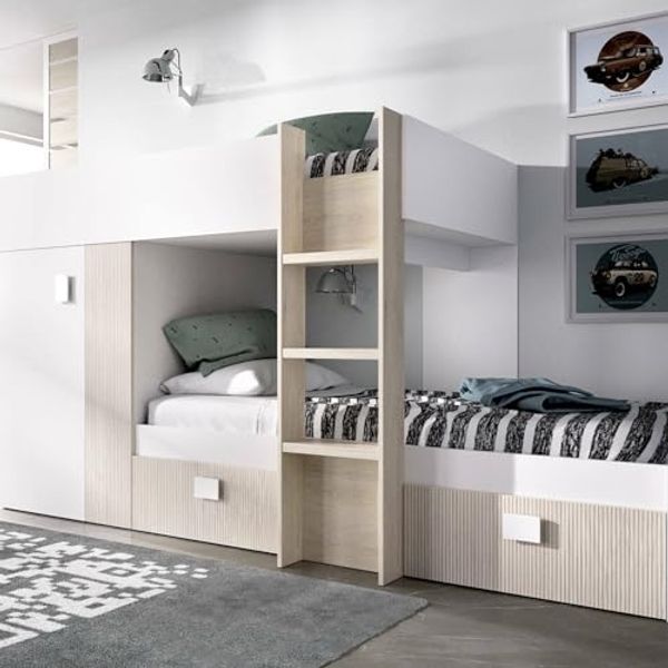 Dmora - Schlafzimmer Cevedale, Komplettes Schlafzimmer, Etagenbettkomposition mit Zwei Einzelbetten, 271 x 111 x 150 cm, Weiß und Eiche