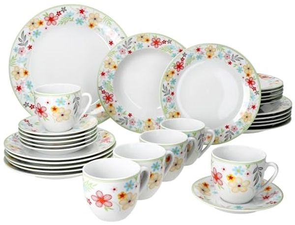 MamboCat Kombiservice 30tlg Kombiservice Variant Blümchen Porzellan 6 Personen, Porzellan