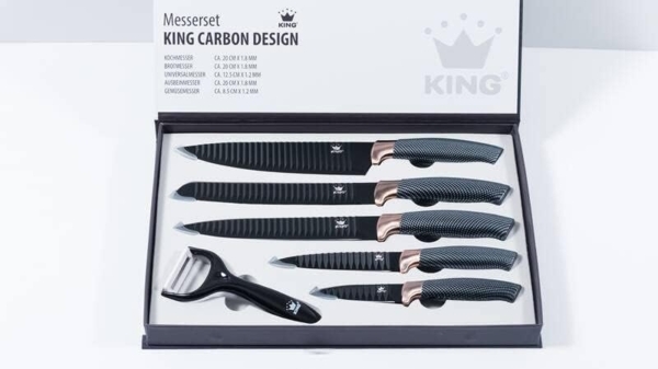 KING Messer-Set Carbon Design (Set, 6-tlg), (5 Messer), incl. Sparschäler, Wellenschliff