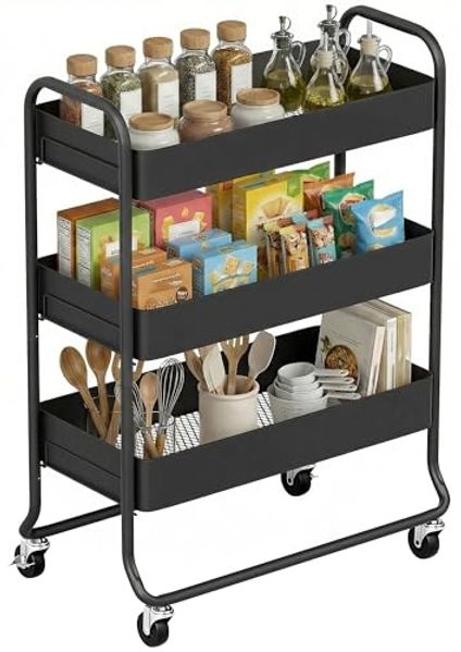HOMCOM Küchenwagen mit 3 Ebenen, Körbe, Griff, (Servierwagen, 1 St, Rollwagen), für Küche Bad Büro Wohnzimmer Schwarz