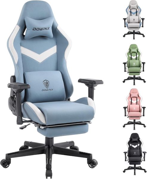 Dowinx Gaming Stuhl Bürostuhl mit Massage-Lendenwirbelstütze, atmungsaktiver Stoff hohe Rückenlehne Verstellbarer Drehstuhl mit Fußstütze (Blau)