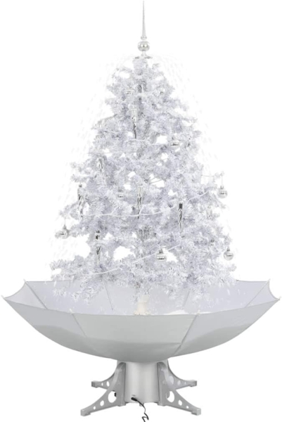 vidaXL 'Schneiender' Weihnachtsbaum mit Schirmfuß, Schneefall, Kugeln & LED-Lampen , Weiß, 140 cm