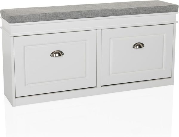 hjh LIVING Schuhkipper Sitzbank mit Sitzkissen ESTHA I Schuhschrank mit 2 Klappen, verstellbar, Schuhbank 104 x 51 x 24 cm Weiß/Grau