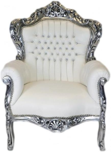 Casa Padrino Barock Sessel King Weiss Lederoptik / Silber mit Bling Bling Glitzersteinen - Lounge Möbel