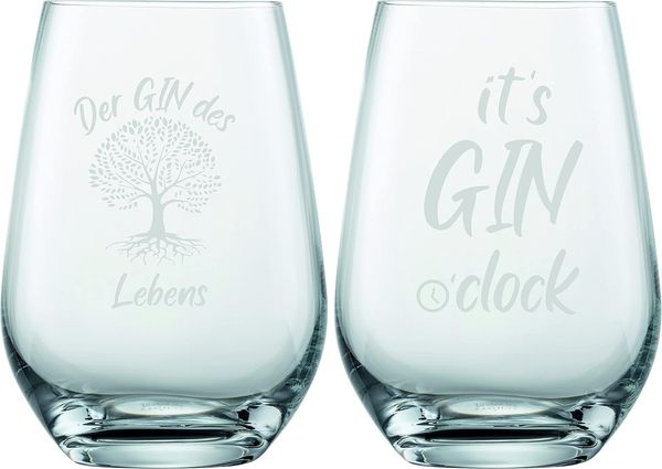 EKM Living Schott Zwiesel 2er Set Ginglas 548ml mit Gravur Gin des Lebens & Gin o' Clock – lustige Geschenkidee für Ginliebhaber, Frauen, Männer, Freunde im Geschenkkarton (ohne Stiel, Set 2)