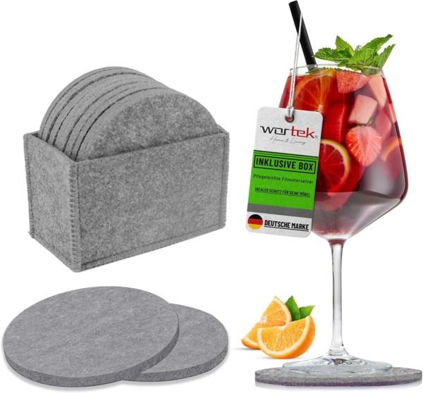 wortek Getränkeuntersetzer Filz-Untersetzer Rund für Gläser 10er Set + Box, Zubehör für Tisch & Gläser, Set, 10-tlg, waschbare Getränke Glasuntersetzer Gläser, Tischuntersetzer Filz 10 cm