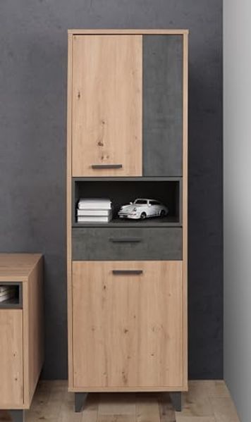Forte Raven Bücherregal mit 2 Türen und 1 Schublade, Holzwerkstoff, Artisan Eiche/Betonoptik dunkelgrau, B x H x T: 59,8 x 192,4 x 41,5 cm