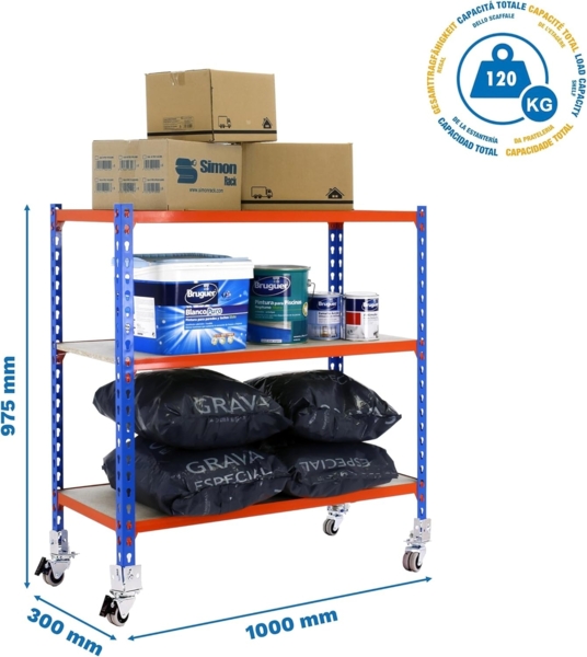Simon Rack Schwerlastregal mit Rollen, 975 x 1000 x 300 mm, Bis 75 kg Belastbar, 3 Verstellbare Ablagen, MDF-Platten, Kellerregal, Lagerregal, Blau/Orange/Holz - Maderclick Bild 2