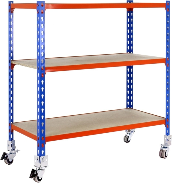 Simon Rack Schwerlastregal mit Rollen, 975 x 1000 x 300 mm, Bis 75 kg Belastbar, 3 Verstellbare Ablagen, MDF-Platten, Kellerregal, Lagerregal, Blau/Orange/Holz - Maderclick Bild 1