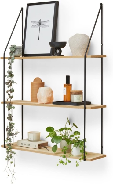 LIFA LIVING Vintage Wandregal 3 Etagen aus Holz und Metall, dekorative Schweberegale für Küche, Hängeregal für Wohnzimmer, Schlafzimmer, 65 x 17 x 84 cm