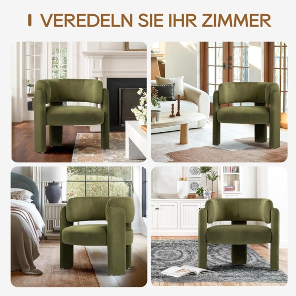 COLAMY Modern Velvet Ohrensessel 2er Set, Gepolsterter Sessel Wohnzimmer, Bequemer Runder loungesessel mit 3 Beinen für Wohnzimmer, Schlafzimmer, Leseecke, Grün Bild 8