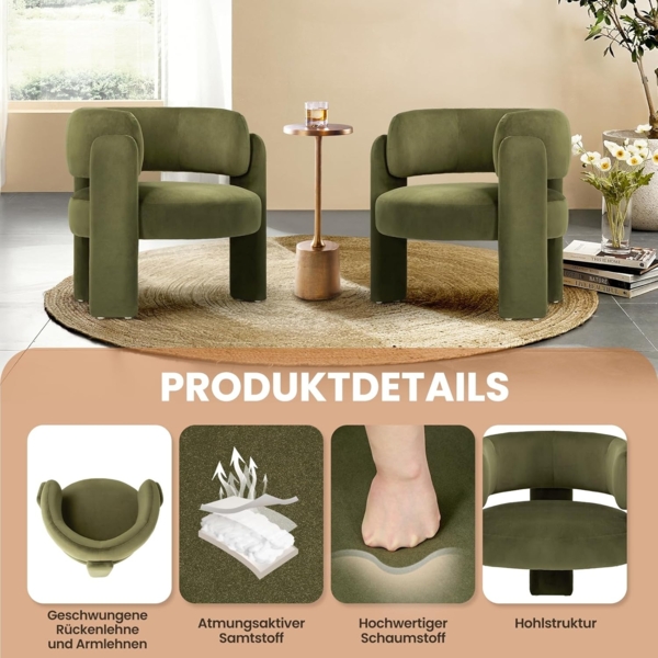 COLAMY Modern Velvet Ohrensessel 2er Set, Gepolsterter Sessel Wohnzimmer, Bequemer Runder loungesessel mit 3 Beinen für Wohnzimmer, Schlafzimmer, Leseecke, Grün Bild 3