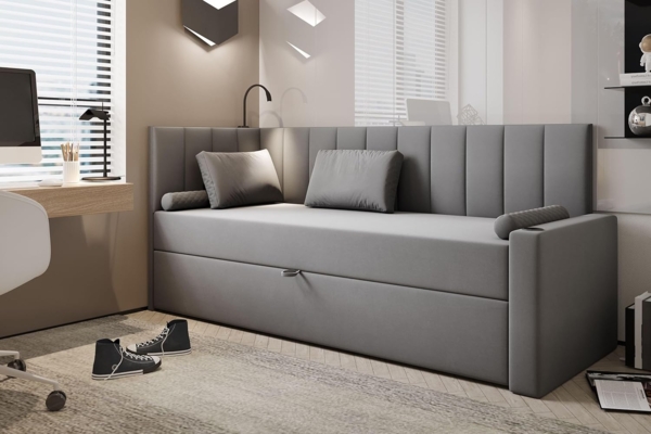 TRADA Boxspringbett TOKIO - Bett mit Lampe, Getränkehalter, USB-C (Bett + Matratze), Mit seitlichem Bettkasten, Lampe, USB-C & Getränkehalter