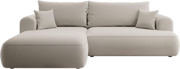Selsey OVO - Ecksofa mit Schlaffunktion, Bettkasten, Ottomane Links, Easy-Clean-Veloursbezug in Cremeweiß