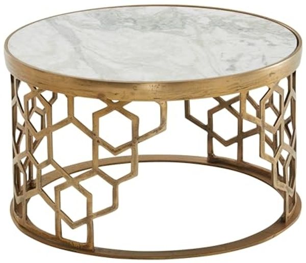 FINEBUY Couchtisch FB82239 (Echter Marmor Weiß / Gold 60x60x36 cm Rund), Sofatisch Metall, Wohnzimmertisch Modern