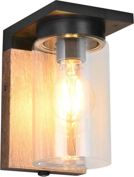 Außen Wandlaterne ARDILA in Schwarz & Holzoptik mit Glasschirm, Höhe 19cm