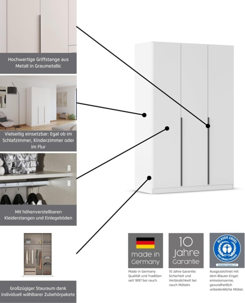 Rauch Möbel Alabama, Kleiderschrank, Garderobe, 2-türig, Zubehör Premium, 1 Kleiderstange, 2 Einlegeböden, Schubladeneinsatz, Farbe Weiß/Eiche Artisan, Holz, Griff Grau metallic, 91 x 210 x 54 cm Bild 4