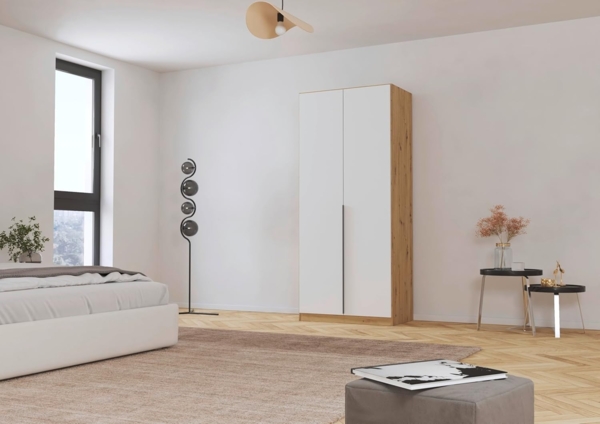 Rauch Möbel Alabama, Kleiderschrank, Garderobe, 2-türig, Zubehör Premium, 1 Kleiderstange, 2 Einlegeböden, Schubladeneinsatz, Farbe Weiß/Eiche Artisan, Holz, Griff Grau metallic, 91 x 210 x 54 cm Bild 2