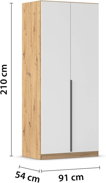 Rauch Möbel Alabama, Kleiderschrank, Garderobe, 2-türig, Zubehör Premium, 1 Kleiderstange, 2 Einlegeböden, Schubladeneinsatz, Farbe Weiß/Eiche Artisan, Holz, Griff Grau metallic, 91 x 210 x 54 cm Bild 3