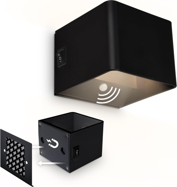 BRILONER Sticklights - LED Wandleuchte ohne Stromanschluss und ohne Bohren mit Bewegungsmelder, Akku, magnetisch abnehmbar, Wandlampe zum Kleben, Leselampe, Wohnzimmerlampe, Flur, 10 x 8 x 10 cm, Schwarz